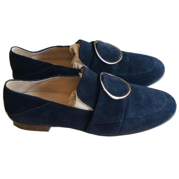 Hogl Premium Suede Leather Flats Loafers 7 Blue Gold Buckle EU 36 UK 3.5 Hoegl - Picture 1 of 11